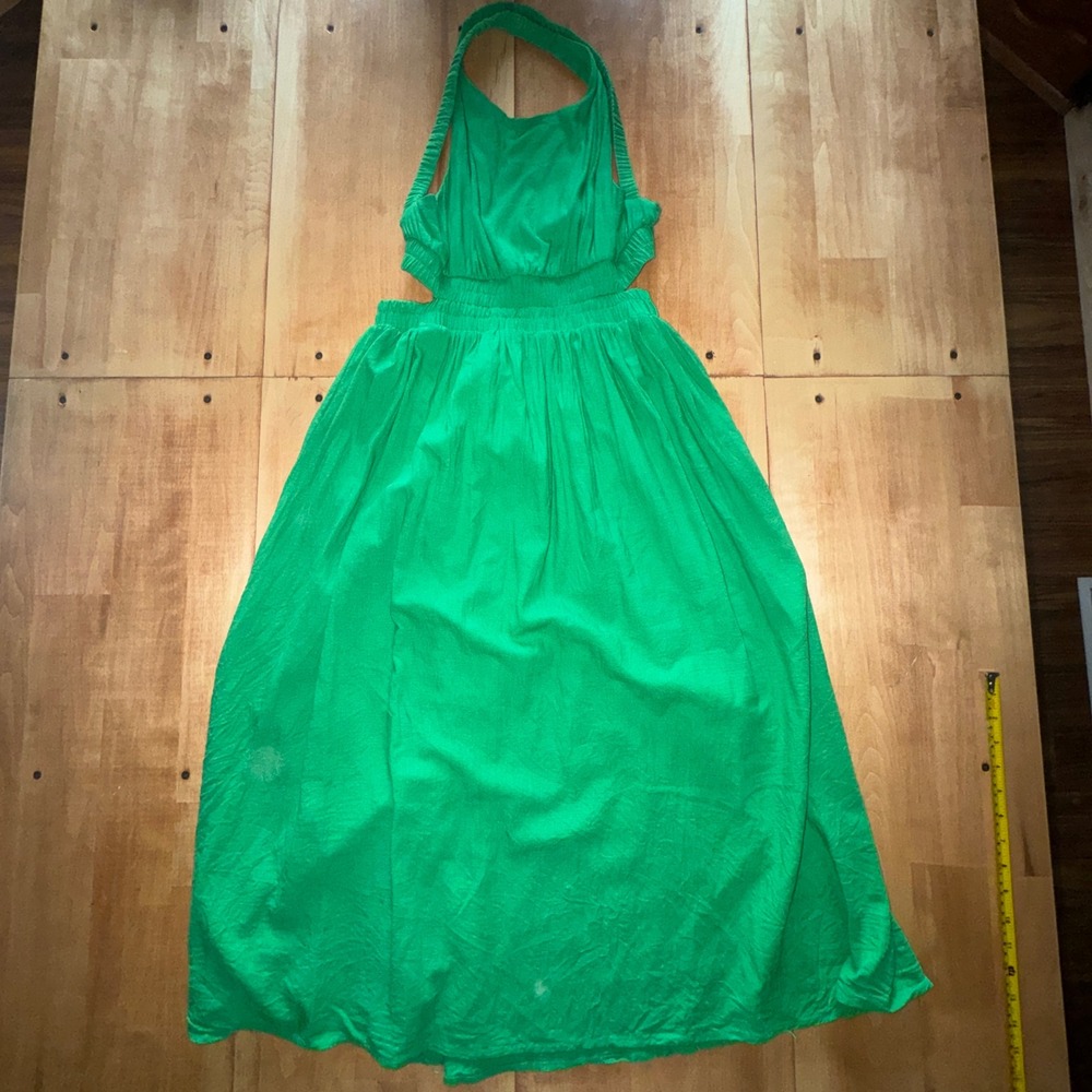 Hello Molly Green Cotton Linen Halter Maxi Dress Side Cut Out US 6 AU 10
